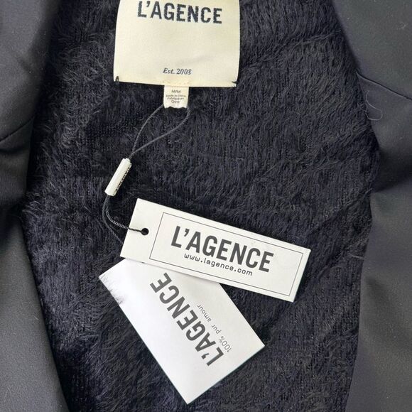 NEW L’Agence Baileigh Satin Lapel Fuzzy Knit Cardigan Black Size Medium - Picture 8 of 9